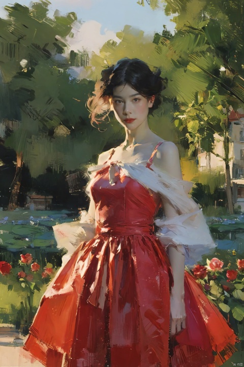  {best quality}, {{masterpiece}}, {highres}, Oil Paintings, ((Monet's Garden)), Oil painting strokes, A painting, Monet style, extremely detailed CG, extremely detailed 8K wallpaper, (((masterpiece))), ((ultra-detailed)), ((sketch)), (painting), ((wide_shot)), garden, (detailed light), day, Dashan, garden, lily_\(flower\), 1girl, closed mouth, black hair, red eyes, bare shoulders, lolita, dress, Broken flower skirt, medium breasts, petals, falling petals, (((rose))), (vines), cage, sky, bichu, FeiNiao, 1 girl, Monet V1, (illustration), Monet style, Oil Paintings, Hand-drawn, (((best quality))), cozy anime, tutututu