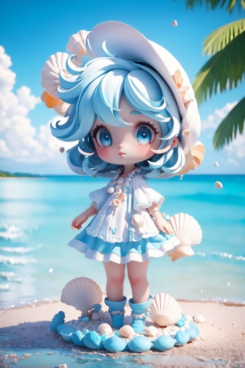 (masterpiece), Exquisite visuals, high-definition, (ultra detailed), finely detail, ((solo)), (white Silver hair), (gradient Blue), (beautiful detailed eyes), Kawai, loveliness, standing, ((full body)), a shell with short white hair, anthropomorphic shells, wearing a white shell outfit . (((Shell clothes：1.8, and hats))). The environment is next to the beach, with coconut trees and many seashells on the beach, bk-hd, pf-hd, ll-hd, kme-hd, Blind box, Do it by hand, (best quality)