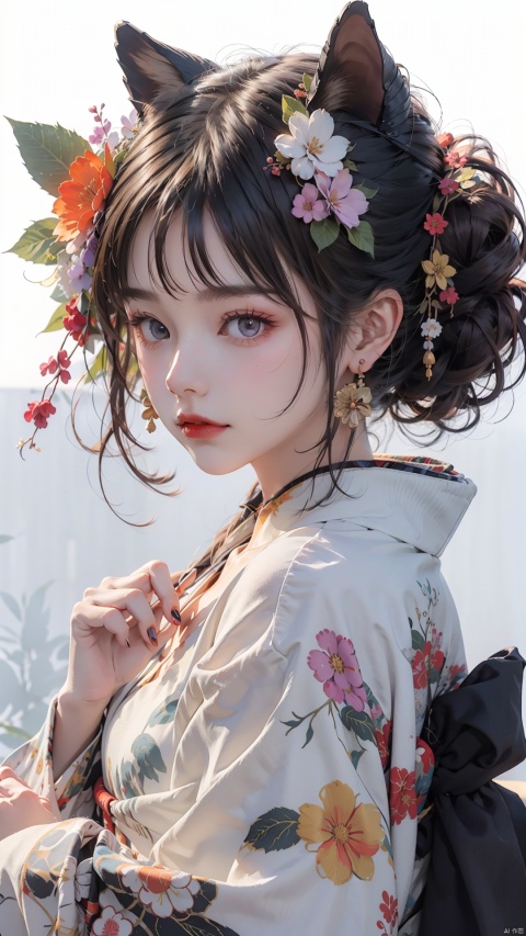  Ukiyo-e style, 1girl, solo, hair ornament, kimono, japanese clothes, looking at viewer, flower, black hair, orange flower, upper body, hair flower, blush, hand up, bangs, white background, obi, mask, sash, purple eyes, earrings, red flower, parted lips, floral print, jewelry, print kimono, hair bun, short hair, long sleeves, simple background, hairclip, mask on head, nail polish, tassel, cone hair bun, white kimono, blue flower, chinese zodiac, animal ears, ear piercing, wide sleeves, from side, white flower, goddess