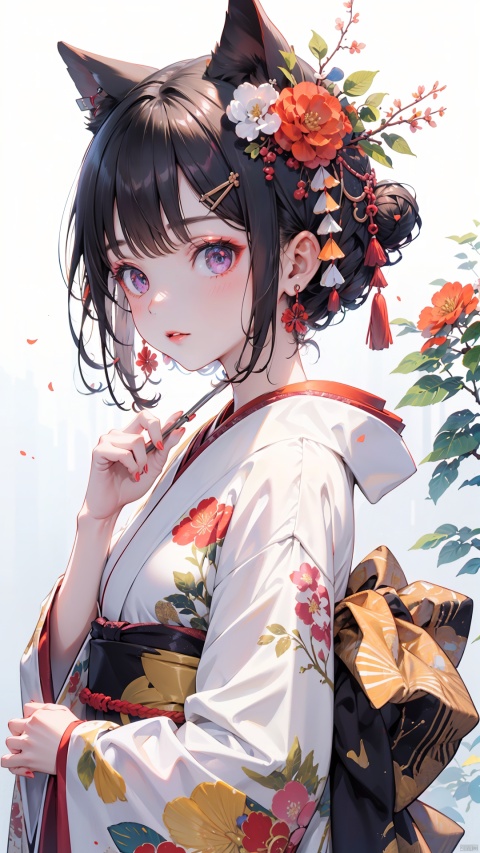  Ukiyo-e style, 1girl, solo, hair ornament, kimono, japanese clothes, looking at viewer, flower, black hair, orange flower, upper body, hair flower, blush, hand up, bangs, white background, obi, mask, sash, purple eyes, earrings, red flower, parted lips, floral print, jewelry, print kimono, hair bun, short hair, long sleeves, simple background, hairclip, mask on head, nail polish, tassel, cone hair bun, white kimono, blue flower, chinese zodiac, animal ears, ear piercing, wide sleeves, from side, white flower, goddess