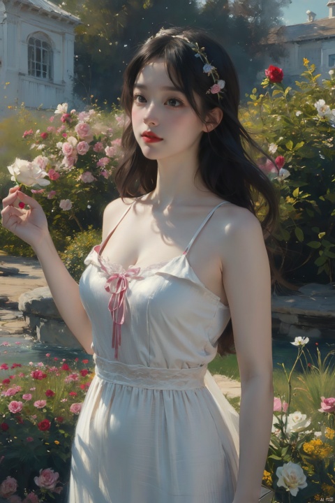 {best quality}, {{masterpiece}}, {highres}, Oil Paintings, Oil painting strokes, A painting, Monet style, extremely detailed CG, extremely detailed 8K wallpaper, (((masterpiece))), ((ultra-detailed)), ((sketch)), (painting), ((wide_shot)), garden, (detailed light), day, 1girl, closed mouth, black hair, red eyes, lolita, bare shoulders, uchikake, white_dress, medium breasts, petals, falling petals, (((rose))), (vines), cage, sky, bichu, FeiNiao, 1 girl, Monet V1, (illustration), (((best quality)))