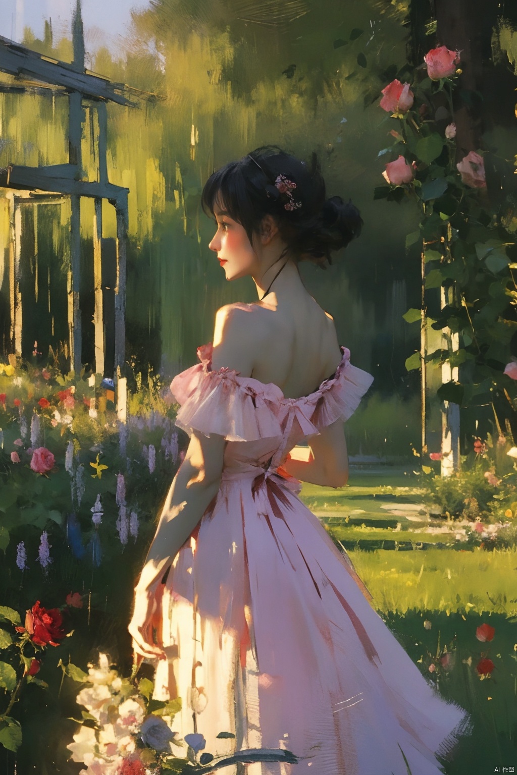 {best quality}, {{masterpiece}}, {highres}, Oil Paintings, ((Monet's Garden)), Oil painting strokes, A painting, Monet style, extremely detailed CG, extremely detailed 8K wallpaper, (((masterpiece))), ((ultra-detailed)), ((sketch)), (painting), ((wide_shot)), garden, (detailed light), day, Dashan, garden, lily_\(flower\), 1girl, closed mouth, black hair, red eyes, bare shoulders, lolita, dress, Broken flower skirt, medium breasts, petals, falling petals, (((rose))), (vines), cage, sky, bichu, FeiNiao, 1 girl, Monet V1, (illustration), Monet style, Oil Paintings, Hand-drawn, (((best quality))), cozy anime