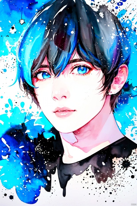 Watercolor, Watercolor painting, Color ink painting, Hand-drawn, Splash ink, Color ink, Rich in color, Pigment spraying,solo, looking at viewer, short hair, blue eyes, black hair, 1boy, blue hair, upper body, male focus, traditional media, portrait, painting \(medium\), paint splatter
