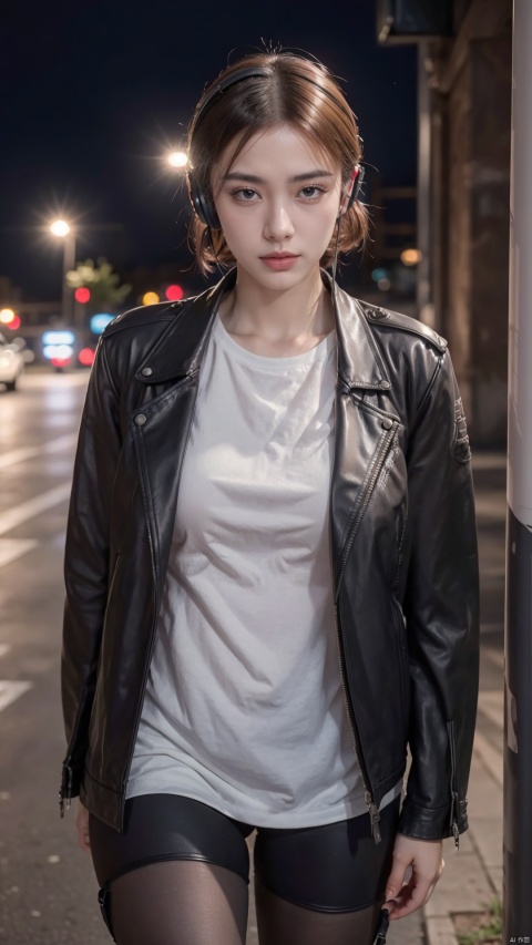  Best Quality, Hyper-Realistic, (Ultra High Resolution), Masterpiece, 8K, RAW Photo, Cover Art, Light, Photo Art, Realistic, Gangster Girl, Leather Jacket, Tattoo, City Alley, Cigarette,, Dress, Ripped Tights, combat boots, slicked back hairstyle, staring gaze, street lamp, graffiti on wall, moonlit night, subtle sneer, distant police sirens, city skyline background, rough vibe, rebellious Posture, Loyalty Tattoo, Scar Above Eyebrow, Headphones, Whispered Conversation, (Danger:1.7) (Tension:1.6) (Cinematic Lighting:1.4), HUBG_Beauty_Girl, HUBG_Rococo_Style(loanword), HUBG_KAFKA, goddess