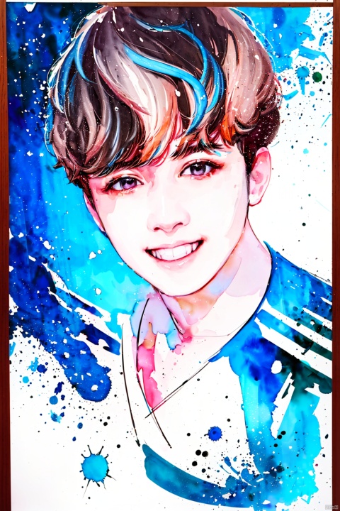 Watercolor, Watercolor painting, Color ink painting, Hand-drawn, Splash ink, Color ink, Rich in color, Pigment spraying,solo, looking at viewer, smile, short hair, shirt, 1boy, male focus, grin, traditional media, portrait, multicolored background