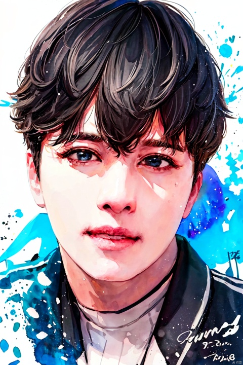 Watercolor, Watercolor painting, Color ink painting, Hand-drawn, Splash ink, Color ink, Rich in color, Pigment spraying,solo, looking at viewer, simple background, black hair, 1boy, white background, male focus, signature, black eyes, dated, lips, portrait, realistic