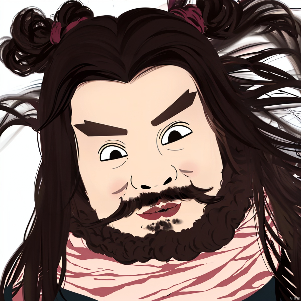 A female man, Ink painting, Hand-drawn illustration, 1 girl, Head image, A girl's avatar, Zhang Fei's image, Female version of Zhang Fei, full of beard, Beard, A woman with a long beard, Pure background, upper body, solo, long hair, simple background, black hair, white background, black eyes, facial hair, beard, mustache