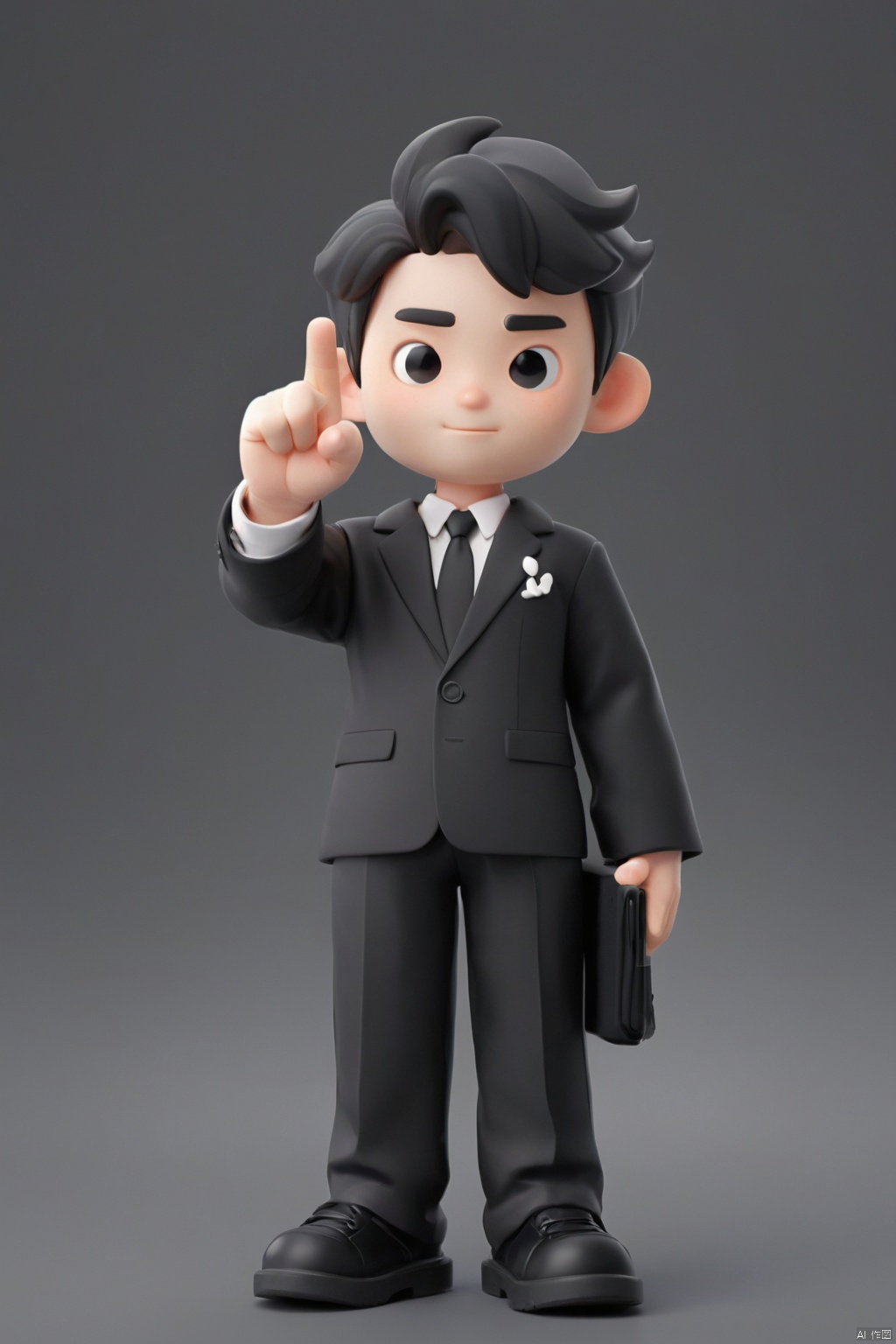 a 25-year old cool boy, Business man, Suit, clean background, Black hair, Lift one finger to the side：1.2, Disney style, IP by pop mart, fine luster, clean background, gentered composition, Do it by hand, 3D render, Blind box, Soft focus, oc, best quality --niji 5-s 400--style expressive -iw 1/2, Peiqi, blender, IP, blind box toy style, UHD, super detail, high details, high quality, best quality, 16k