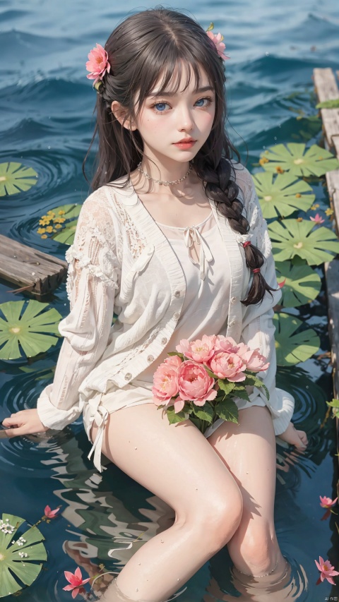  loli,petite,long hair,floating hair,messy hair,1girl,white hair, white jacket,afloat, air bubble, bathtub, beach, berry, blue eyes, blue flower, bouquet, bow, braid, bubble, camellia, caustics, clover, coral, daisy, floral background, flower, food, fruit, hibiscus, horizon, hydrangea, in water, leaf, lily \(flower\), lily of the valley, lily pad, long sleeves, looking at viewer, lotus, ocean, partially submerged, petals on liquid, pink flower,purple flower, rain, red flower, ripples, rose, sailor collar, shallow water, snowflakes, soaking feet, solo, submerged,waves, white rose, yellow flower, goddess