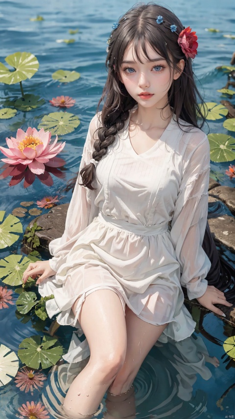 loli,petite,long hair,floating hair,messy hair,1girl,white hair, white jacket,afloat, air bubble, bathtub, beach, berry, blue eyes, blue flower, bouquet, bow, braid, bubble, camellia, caustics, clover, coral, daisy, floral background, flower, food, fruit, hibiscus, horizon, hydrangea, in water, leaf, lily \(flower\), lily of the valley, lily pad, long sleeves, looking at viewer, lotus, ocean, partially submerged, petals on liquid, pink flower,purple flower, rain, red flower, ripples, rose, sailor collar, shallow water, snowflakes, soaking feet, solo, submerged,waves, white rose, yellow flower, goddess