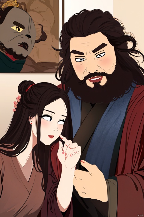 A female man, Head image, A girl's avatar, Zhang Fei's image, Female version of Zhang Fei, full of beard, Beard, A woman with a long beard