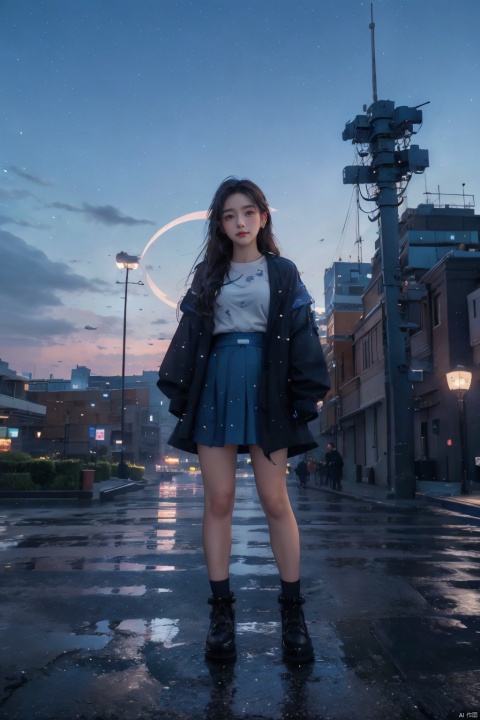  cloud, ground_vehicle, bicycle, sky, outdoors, 1girl, day, skirt, blue_sky, long_hair, brown_hair, building, cloudy_sky, solo, scenery, shoes, blue_skirt,cloud, milky_way, night, night_sky, power_lines, shooting_star, sky, star_\(sky\), starry_sky, constellation, galaxy, utility_pole, space, starry_sky_print, city_lights, cloudy_sky, sunset, snowing, aurora, starry_background, twilight, light_particles, gradient_sky, planet, lamppost, horizon, moon, crescent_moon, dusk, outdoors, skyline, sunrise, mountain, earth_\(planet\), scenery, snow, building, goddess