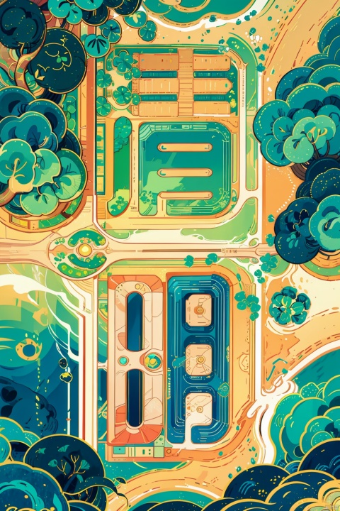 Number 3 (masterpiece), aerial photography, China-Chic style illustration, golden ratio composition, blue-green, bright color, landscape architecture composition, ultra-high definition, 8k