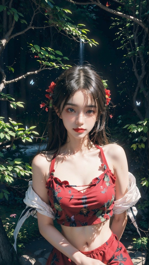 masterpiece, RAW photo, official art, ulzzang, beautiful and aesthetic:1.2, masterpiece, photo realistic, highly detailed, fashion photography, full body shot, full body photo, Real person, girl, fairy tale girl, nvshen, Suspended in the air, Suspended peaks, A floating stone, Red dress, Red dress, dress, Fine clothes, DUNHUANG_CLOTHS, occult, Dreamy scene, Fantasy land, Unreal and ethereal, purist, esoteric, (night::1.1), ((bonsai::1.1), Aesthetic Background, nature, Dashan, forest, tree, steep cliff, Mountain stream, firefly, insects, flowers, butterfly, Waterfall, Stream, bj_Devil_angel, vortex, Chinese style, ghostdom, Night scene, Colorful portraits, baihuaniang, evil ghost, smile, Serene and goddess-like happiness, Medium chest, Nipple bulge, Belly button, collarbone, bare shoulders, Long legs, smile, shy, blush, Charming eyes, Red lips, Delicate and gorgeous, Three-dimensional facial features, Exquisite features, Perfect fingers., The right finger., The proportion is correct, (highly detailed skin:1.2), Delicate portrayal of facial features, Exquisite hair depiction, Carefully portray the face, exquisite eye portrayal, Fingers are carefully carved, Clear face, Perfect body curves, 8k wallpaper, More details, Light and shadow tracking, Rich in details, The best quality, High score efficiency, masterpiece, Highly detailed, Ultra clear resolution, illugame, midjourney, 1 girl, 2D ConceptualDesign, flower, (photorealistic:1.25), Realism, 3D, cinematic lighting, best quality, best quality, super detail, UHD, high details, High quality, textured skin, best quality, anatomically correct, 8k,illugame