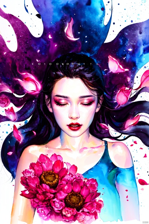 Watercolor, Watercolor painting, Color ink painting, Hand-drawn, Splash ink, Color ink, Rich in color, Pigment spraying, 1girl, solo, long hair, black hair, closed eyes, upper body, flower, lips, petals, makeup, floating hair, traditional media, lipstick, painting \(medium\), watercolor \(medium\)