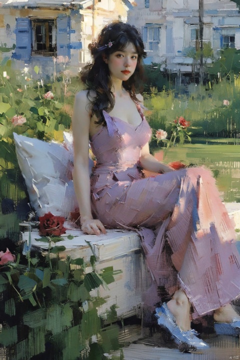 {best quality}, {{masterpiece}}, {highres}, Oil Paintings, ((Monet's Garden)), Oil painting strokes, A painting, Monet style, extremely detailed CG, extremely detailed 8K wallpaper, (((masterpiece))), ((ultra-detailed)), ((sketch)), (painting), ((wide_shot)), garden, (detailed light), day, Dashan, garden, lily_\(flower\), 1girl, closed mouth, black hair, red eyes, bare shoulders, lolita, dress, Broken flower skirt, medium breasts, petals, falling petals, (((rose))), (vines), cage, sky, bichu, FeiNiao, 1 girl, Monet V1, (illustration), Monet style, Oil Paintings, Hand-drawn, (((best quality)))