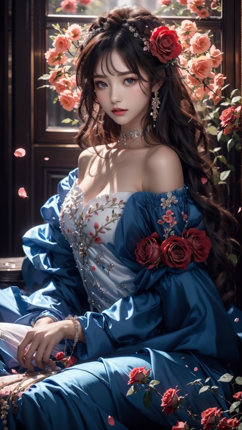  1girl, solo, red flower, flower, blue eyes, long hair, holding flower, holding, rose, dress, petals, hair ornament, red rose, lying, long sleeves, white hair, on back, white dress, looking at viewer, choker, parted lips, bare shoulders, blush, bangs, off shoulder, black choker, hair flower, off-shoulder dress, very long hair, collarbone, puffy long sleeves, puffy sleeves, rose petals, hair between eyes,eyesseye, dofas, crystal, yunbin, sunset, goddess