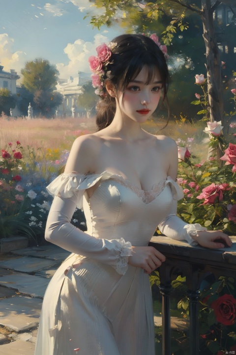 {best quality}, {{masterpiece}}, {highres}, Oil Paintings, Oil painting strokes, A painting, Monet style, extremely detailed CG, extremely detailed 8K wallpaper, (((masterpiece))), ((ultra-detailed)), ((sketch)), (painting), ((wide_shot)), garden, (detailed light), day, 1girl, closed mouth, black hair, red eyes, lolita, bare shoulders, uchikake, white_dress, medium breasts, petals, falling petals, (((rose))), (vines), cage, sky, bichu, FeiNiao, 1 girl, Monet V1, (illustration), (((best quality)))