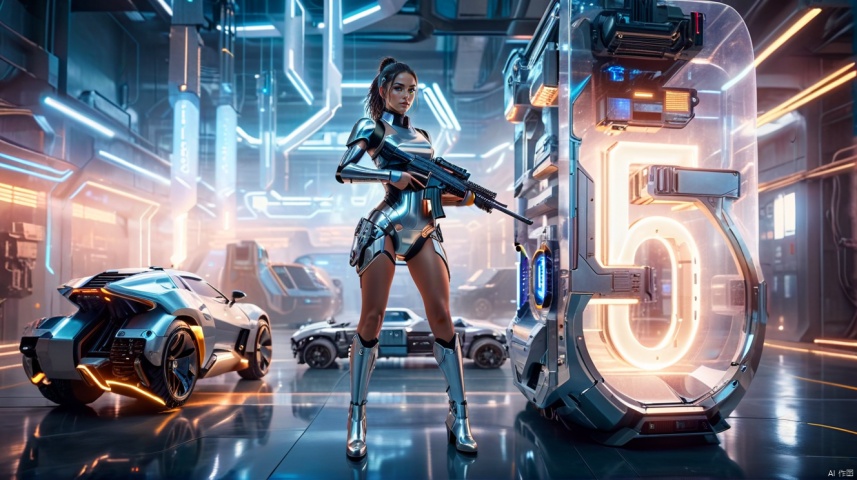 masterpiece, best quality,highly detailed,full body portrait, a futuristic female warrior, holding a silver machine gun, wearing a silver metal skirt and boots, standing in the future science fiction lab, machinery, blue neon lights, a futuristic car, a glowing glass number 5, warm and cold contrast colors,  futuristic scene, sci-fi movie light effects, Ultra clear details,8K,HD