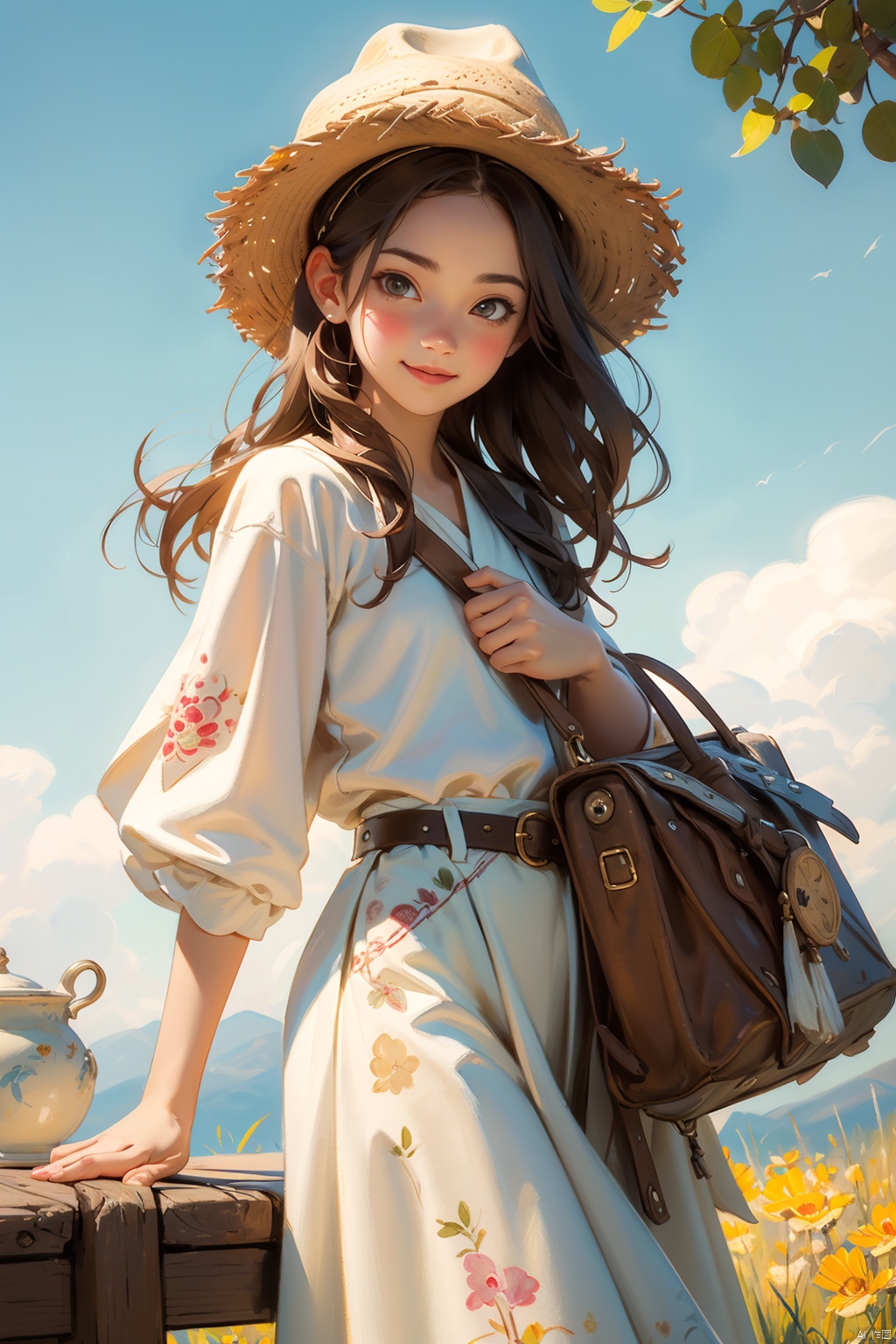 masterpiece, best quality, 8K,illustration, colorful, The rich visuals depict the joy of outdoor travel.  Wearing a cowboy hat on the head , best qualityhighly detailed, realistic rendering, Cute Smiling Girl。This painting captures the essence of innocence, beauty, and joy, making it a beautiful and captivating artwork,  The girl should be thinner, Girls' clothes should not be too revealing , Hair fluttering in the wind