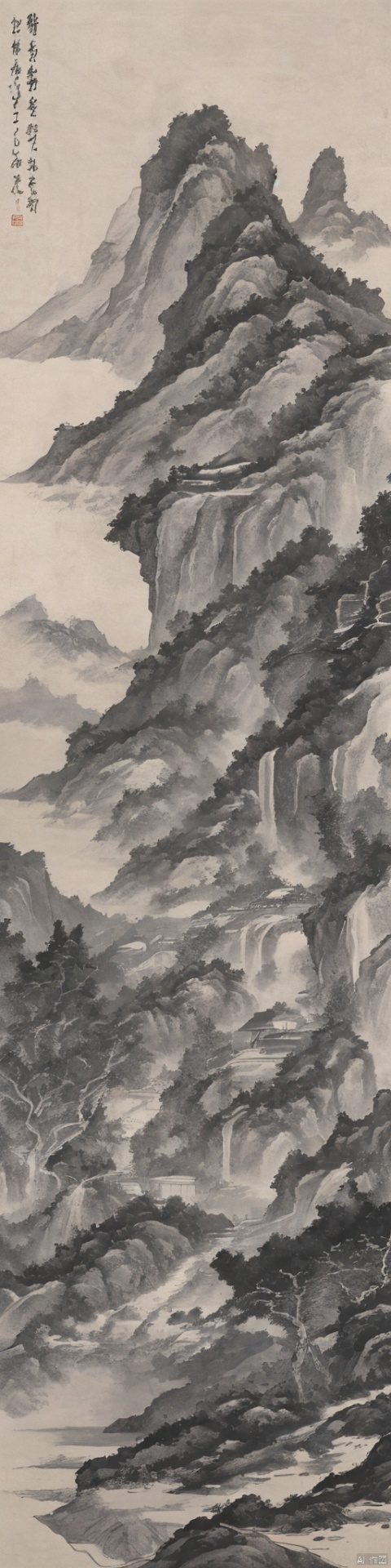  Traditional Chinese landscape painting, Chinese freehand brushwork, Qing Dynasty landscape painter GongXianstyle,mountains,trees,waterfalls,waterflow,inkaccumulationmethod,heavy,vast国画,chinesepaiting,Chinesepaiting,国风, chinese paiting