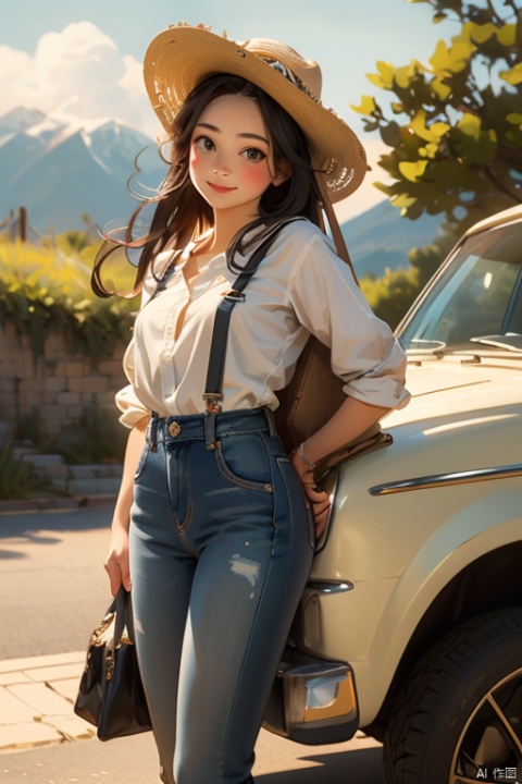  masterpiece, best quality, 8K,illustration, colorful, The rich visuals depict the joy of outdoor travel. car Vacation girl, a girl wearing black suspenders and jeans, This is a very thin girl, not very plump, black hair and black eyes, Sitting on the ground with your back against a yellow car. Wearing a cowboy hat on the head , best qualityhighly detailed, realistic rendering, Cute Smiling Girl。This painting captures the essence of innocence, beauty, and joy, making it a beautiful and captivating artwork, Fully express the joy of the character's vacatin, The girl should be thinner, Girls' clothes should not be too revealing , Hair fluttering in the wind