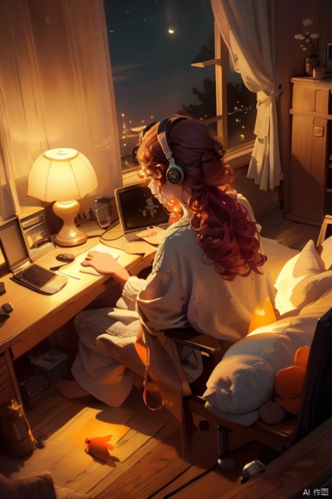  The girl sat on a chair with headphones on, in front of a computer desk,
The computer desk is composed of a goldfish ,
The computer screen was shimmering, and the girl had curly long hair,
Indoor, curtains, single bed, lazy sofa,
From behind ,From above,
night,in the dark,A serene atmosphere,
