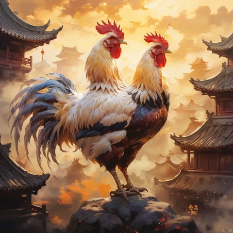  ((best quality)), ((masterpiece)), A golden rooster stood on the high roof, it held its head high, cock-a-doodle, welcome the new day, the sun rose slowly, lit up the village, smoke curling up, (Chinese ink style:1.1), (dynamic composition:1.2), (unfettered spirit:0.9)