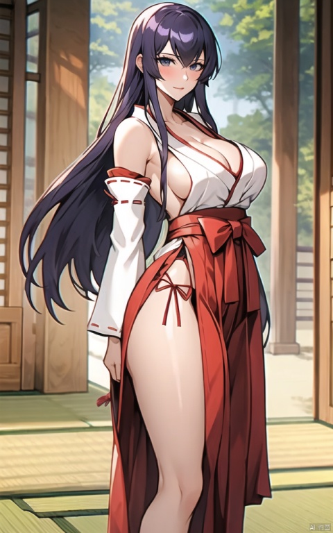 masterpiece, best quality, busujima_saeko, 1girl, miko, detached sleeves, cleavage, sideboob, side slit, japanese clothes, hakama, red skirt, outdoors, obi, standing, cowboy shot, arms at sides, looking at viewer, bare legs, 

