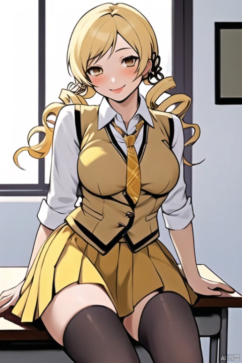  masterpiece,best quality, highly detailed, tomoe mami,1girl, solo, skirt, long hair, thighhighs, school uniform, breasts, necktie, vest, desk, seductive smile, maryjanes,