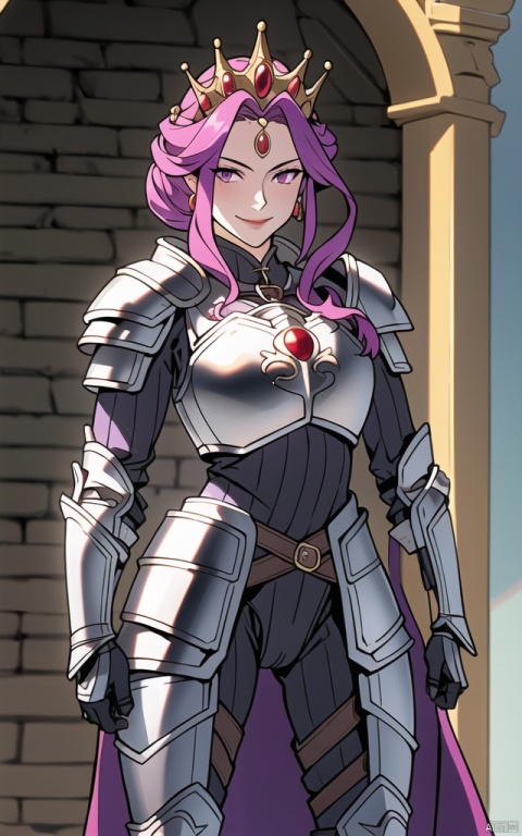  masterpiece, best quality, high resolution, Mirellia Q Melromarc, 1girl, solo, smile, looking at viewer, long hair, purple hair, purple eyes, forehead jewel, tiara, armor, breastplate, leotard, pauldrons, cape, gauntlets, chainmail, 