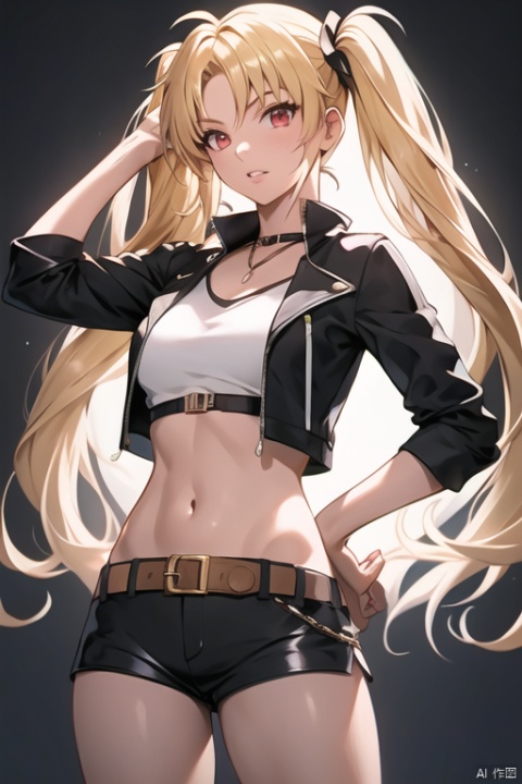  masterpiece,best quality, highly detailed, fate testarossa,1girl, solo, looking at viewer, blonde hair, red eyes, twintails, Abdomen,Navel,Shorts, Belt, Shirt, Hand on Hips, Lips,
