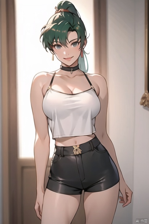  masterpiece,best quality, highly detailed, lyn (fire emblem),1girl, short ponytail, solo, bare shoulders, white camisole, cleavage, framed breasts, short shorts, crop top, underboob, black shorts, smile, bare legs,