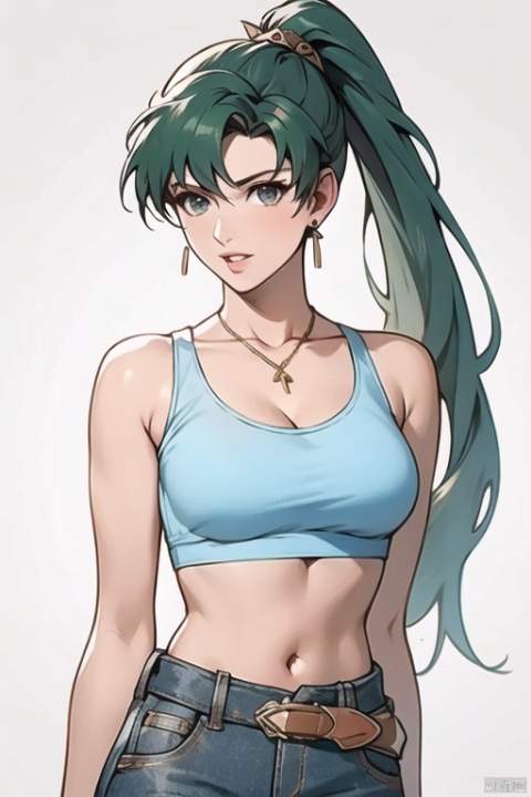  masterpiece,best quality, highly detailed, lyn (fire emblem),1girl, solo, breasts, looking at viewer, ponytail, shirt, hair ornament, bare shoulders, jewelry, collarbone, crop top, upper body, cowboy shot, earrings, cleavage, parted lips, pants, underboob, casual wear,