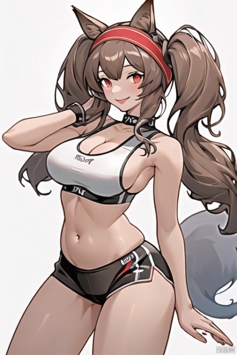  masterpiece,best quality, highly detailed, angelina_(arknights),1girl,Girls,single,comspletely nude female,smile,shy,fox ears,twintails,hairband,seductive smile,red eyes,large breasts,black sports bra,cleavage,belly,,low-waist sideboob,short shorts,bare legs,