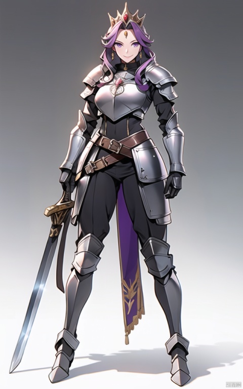  masterpiece, best quality, high resolution, Mirellia Q Melromarc, 1girl, solo, smile, looking at viewer, long hair, purple hair, purple eyes, forehead jewel, tiara, shapely figure, standing, bodysuit, holding, weapon, boots, belt, sword, holding weapon, armor, gauntlets, pauldrons, breastplate, knight, chainmail
