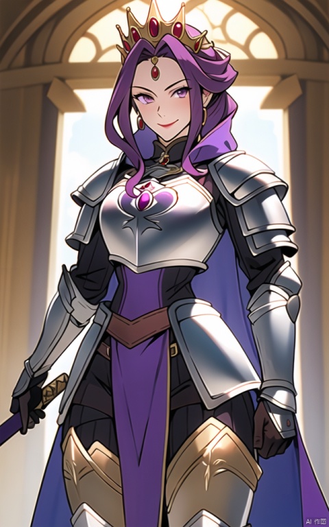  masterpiece, best quality, high resolution, Mirellia Q Melromarc, 1girl, solo, smile, looking at viewer, long hair, purple hair, purple eyes, forehead jewel, tiara, armor, breastplate, leotard, pauldrons, cape, gauntlets, chainmail, holding sword, 
