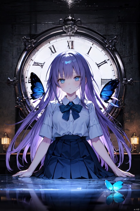  {best quality}, {{masterpiece}}, {highres}, original, extremely detailed 8K wallpaper, 1girl, {an extremely delicate and beautiful},long hair,light purple hair,dark blue eyes,school_uniform,clock underground,blue butterfly,Cinematic Lighting,