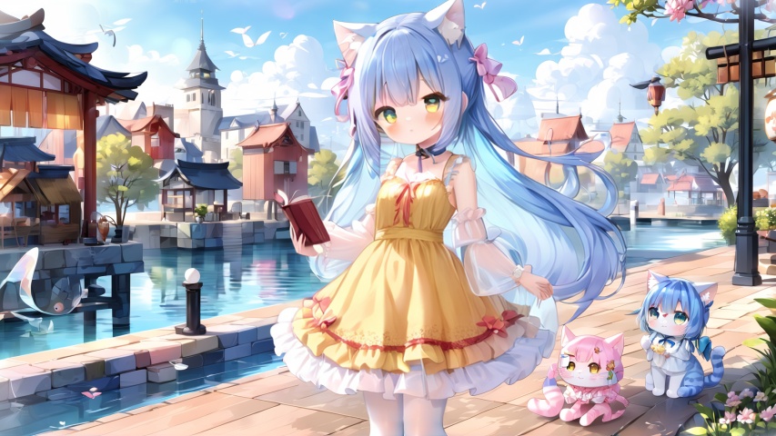 masterpiece, best quality,street with lakeside,wide,Complex Background,(sunshine:0.35),midday,finely detail, Depth of field,1girl, loli,((very small breast)), full body, the whole body,japanese_clothes,open_clothing ,mary jane shoes,  (sheer white pantyhose),(cat ears,  sheer blue hair,cat tail),(detail beautiful eyes),bows, long_hair, frills, ribbon_trim, colorful_hair,  sheer yellow with pink dress,(shadow),(fishey:0.5),(see through:0.9), 😲,looking_at_viewer,reading a book,full body,anime style,,azur lane ,3D render ,