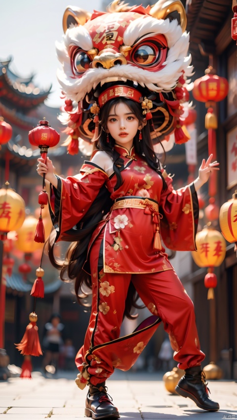  1girl,Chinese New Year,Welcoming Spring Girl,Spring welcome clothing,Hanfu,Chinese knot,Upper body,Red Theme,Red and white clothing,The dancing lion head on the head,Headwear,The metal mech behind it,Lion Dance,full body,ancient Chinese architecture,Red Lantern,Zhang Deng Jie Cai,Full of joy and joy,Spring Festival couplets,Ancient Chinese script,Brown eyes,Clothing printing, (\shi shi ru yi\)