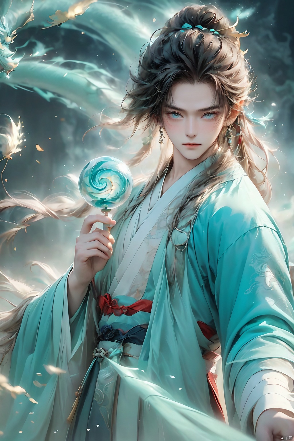 Wind Magic, 1 boy, dynamic pose, holding wind spiral ball, cyan energy spiral ball, spiral, long trailing energy spiral tail, water color hair, depth of field, eyelashes, hair accessories, jewelry, lips, long hair, look at the audience, reality, solo, upper body, water, ancient Chinese Hanfu, wind, glow, hand,Hazy light