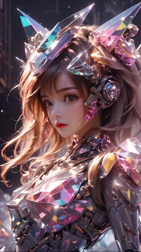 (masterpiece, best quali),1girl,wearing colorful crystal mecha,multi-light crystal mecha,crystal mecha helmet,crystal mechanical shoes,dynamic posture,complex crystal structure,multi-crystal,dynamic_angle,cinematic_angle,from_below,mecha