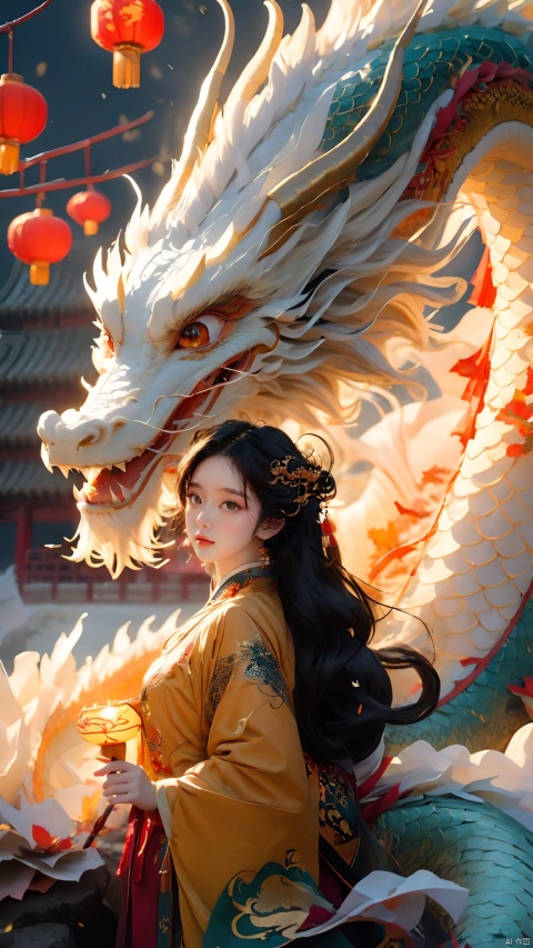 The girl and the Chinese dragon,Chinese dragon,1girl,autumn,autumn leaves,Chinese Hanfu,squama ,The hair on the faucet,Ultimate details,Dragon horn,The graceful and winding dragon body,black hair,campfire,cloud,dragon,Open the dragon's mouth,The girl stood on the dragon's body, turned sideways, waved to the audience, full body,Close range,Earth yellow dragon,dragon horns,The camera looks up from below,eastern dragon,evening,horns,long hair,long sleeves,outdoors,paper lantern,scales,smoke,solo,standing,sunset,teeth,twilight, Chinese dragon