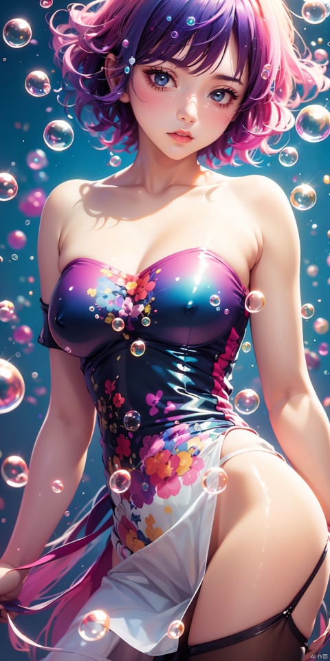 Colorful Girl, 1Girl,Colorful bubbles, multi colored bubbles,Close up, sideways, upper body, above buttocks, off the shoulder, strapless dress, black thin suspender, looking at the camera, short hair, purple gradient hair, gradient background, colorful bubble background, depth of field,hand