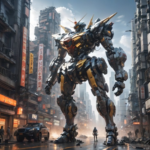 (masterpiece, best quality:1.2), Giant mecha, Vital Suits , building, Car tire structure feet, car, city, city lights, cityscape, cloud, day, destruction, east asian architecture, ground vehicle, Complex mecha structure, Looking up, Multicolored mecha, Half squat posture, full body, Super complex mechanical structure, mecha, outdoors, radio antenna, realistic, road, ruins, science fiction, skyscraper, street, traffic light, 1girl,