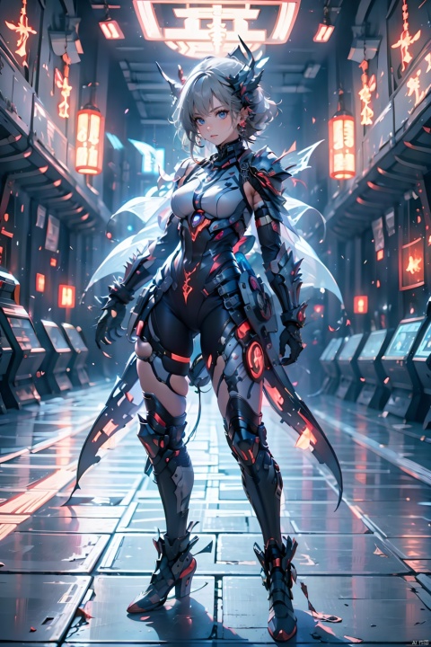  Zerg Mech (Queen),Armor,full body,Mechanical arthropods,Sharp armor,glove,Red and black armor,Sharp horns on the head,Sharp limb structures throughout the body,indoor,The metal barb structure on the shoulder armor,Micro lateral body,Complex armor,Calf mecha,Thigh mechanical,Mechanical boots,standing,ground,Gray hair, 1girl,Future Combat Suit