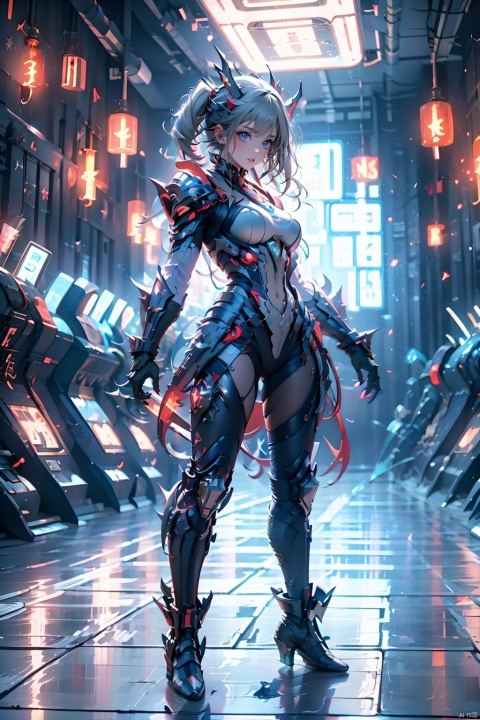  Zerg Mech (Queen),Armor,full body,Mechanical arthropods,Sharp armor,glove,Red and black armor,Sharp horns on the head,Sharp limb structures throughout the body,indoor,The metal barb structure on the shoulder armor,Micro lateral body,Complex armor,Calf mecha,Thigh mechanical,Mechanical boots,standing,ground,Gray hair, 1girl