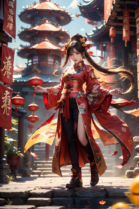 1girl,Chinese New Year,Welcoming Spring Girl,Spring welcome clothing,Hanfu,Chinese knot,Red Theme,Water tank,The huge circular mecha behind it,Looking up,Printed black silk,Headwear,Yellow goldfish,full body,ancient Chinese architecture,Red Lantern,Zhang Deng Jie Cai,Full of joy and joy,Spring Festival couplets,Ancient Chinese script,Brown eyes,Clothing printing