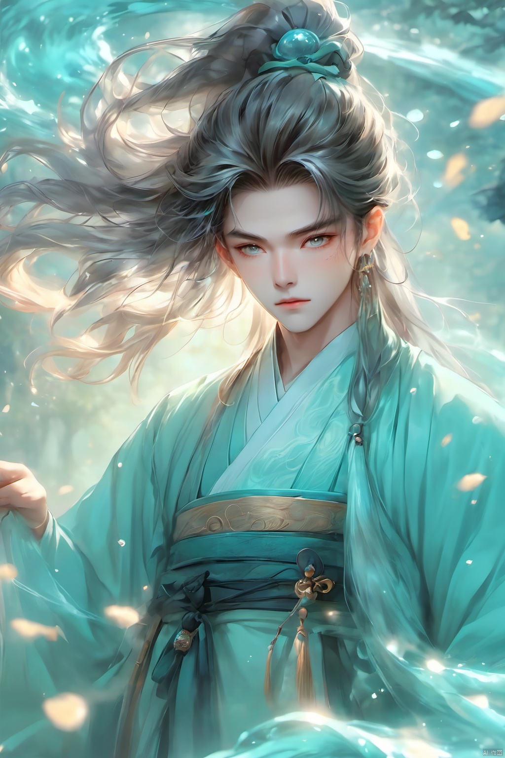 Wind Magic, 1 boy, dynamic pose, release wind spiral ball, cyan energy spiral ball, spiral, water color hair, depth of field, eyelashes, hair accessories, jewelry, lips, long hair, watch audience, reality, solo, upper body, water, ancient Chinese Hanfu, wind, glow