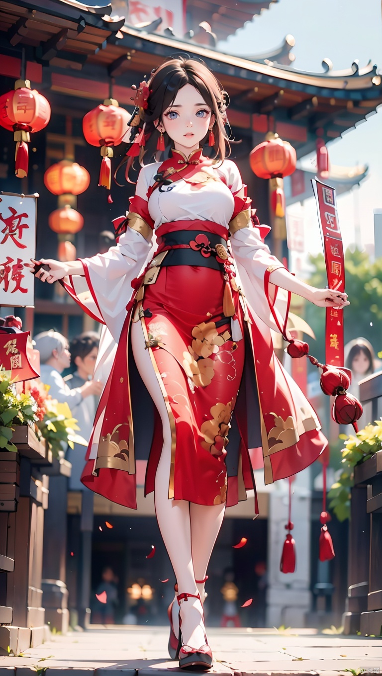 1girl,Chinese New Year,Welcoming Spring Girl,Spring welcome clothing,Hanfu,Chinese knot,Red Theme,White top,Big long legs,Red skirt,The huge mecha building behind it,full body,front,Animal mechs crossing over their feet,Tassel earrings,Looking up,Red leggings,ancient Chinese architecture,Red Lantern,Zhang **** Jie Cai,Full of joy and joy,Spring Festival couplets,Ancient Chinese script,Brown eyes,Clothing printing, Bride in wedding attire,Red wedding dress